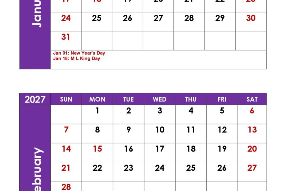 Your Ultimate Guide to January and February 2027 Calendars and Key Dates 128 January and February 2027 Calendar with Holidays
