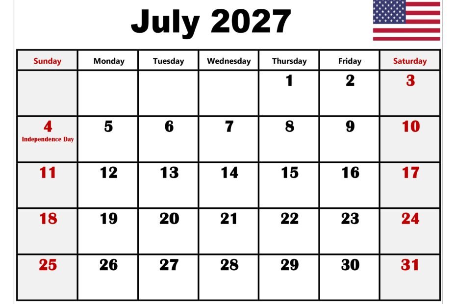 Top July 2027 Celebrations and Key Observance Dates to Remember 123 July 2027 Calendar with Holidays