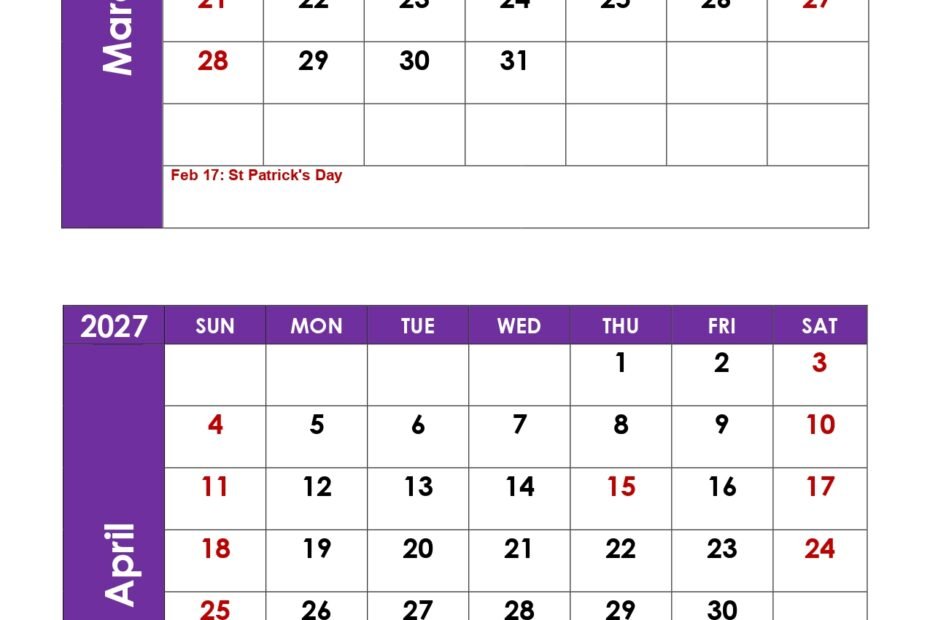 Detailed Calendar Overview for March and April 2027 12 March and April 2027 Calendar with Holidays