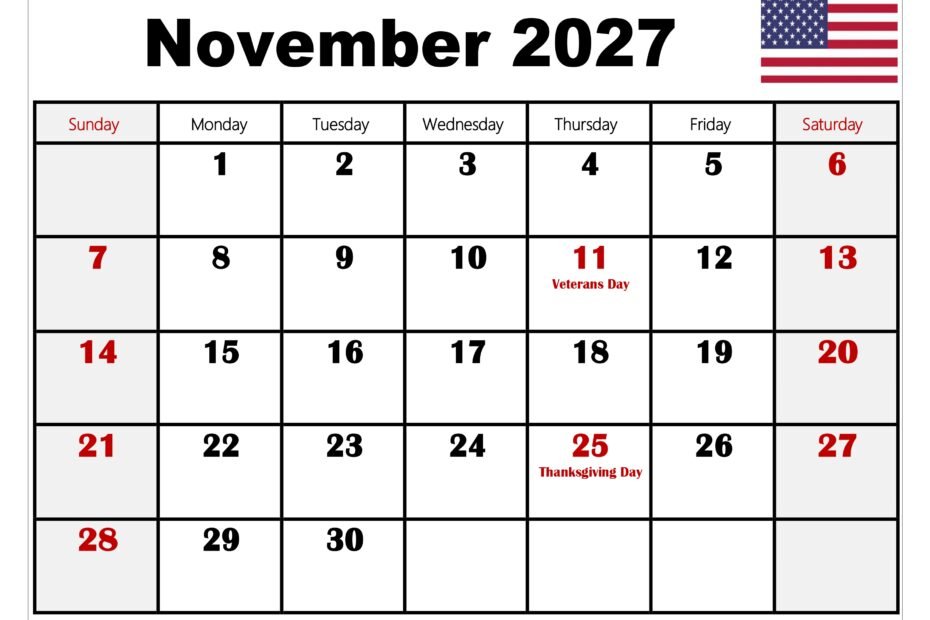 Download Your Complimentary November 2027 Calendar Printable Today 97 November 2027 Calendar with Holidays 4