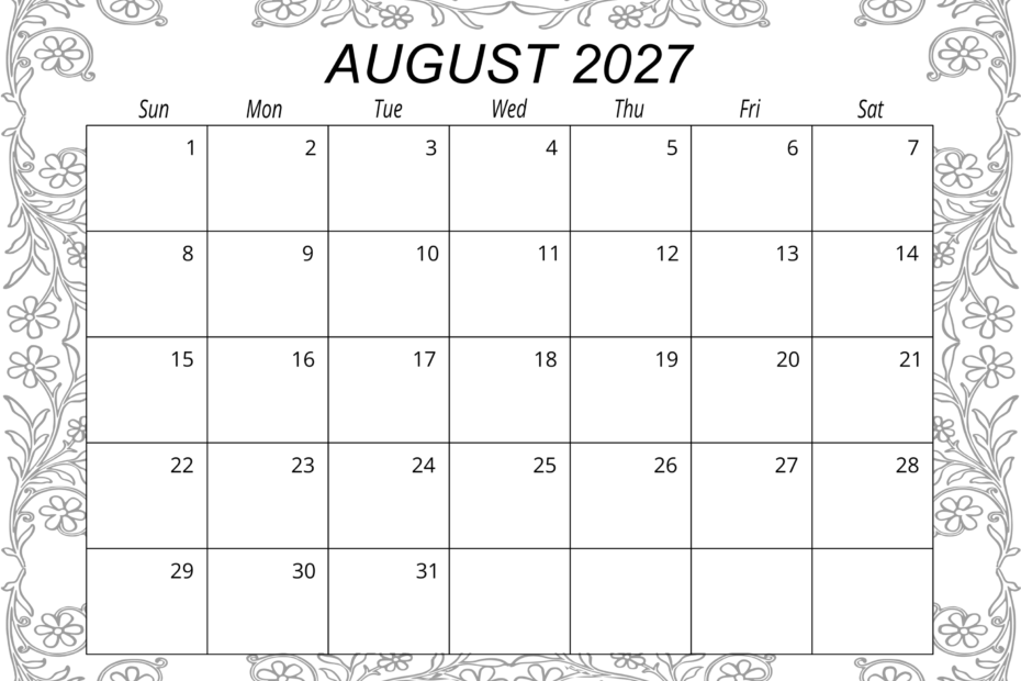 free printable monthly calendar august 2027 fefefe 999999
