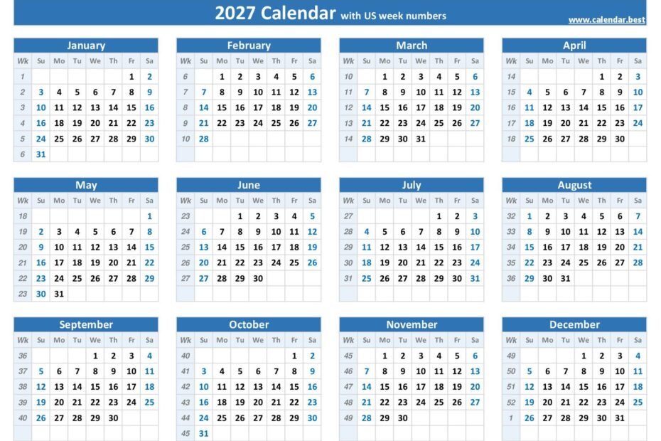 2027 Yearly Planner with Every Week Number Clearly Displayed 24 2027 calendar with us week numbers landscape blue 1
