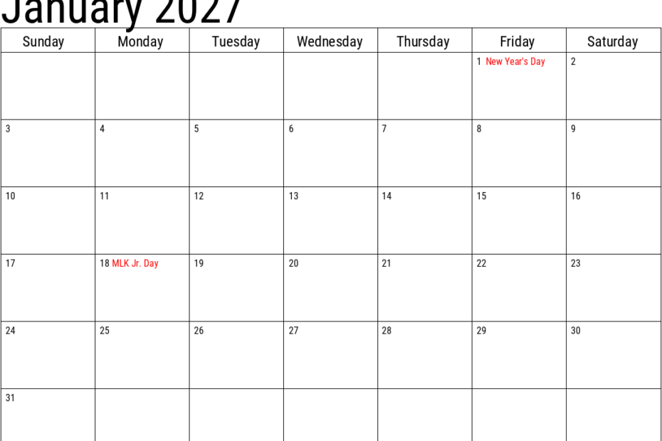 2027 january calendar with holidays