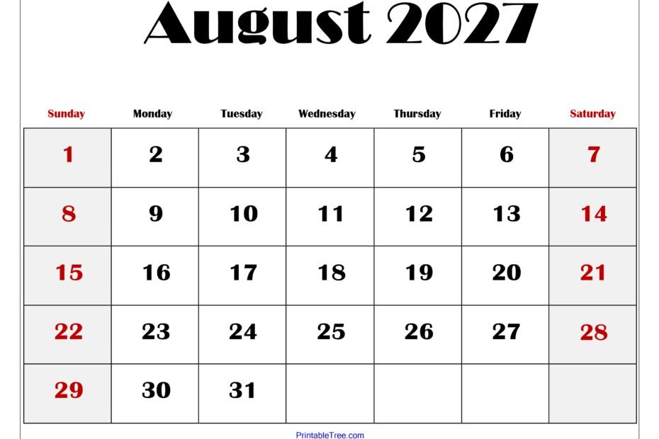 August 2027 Blank Printable Calendar