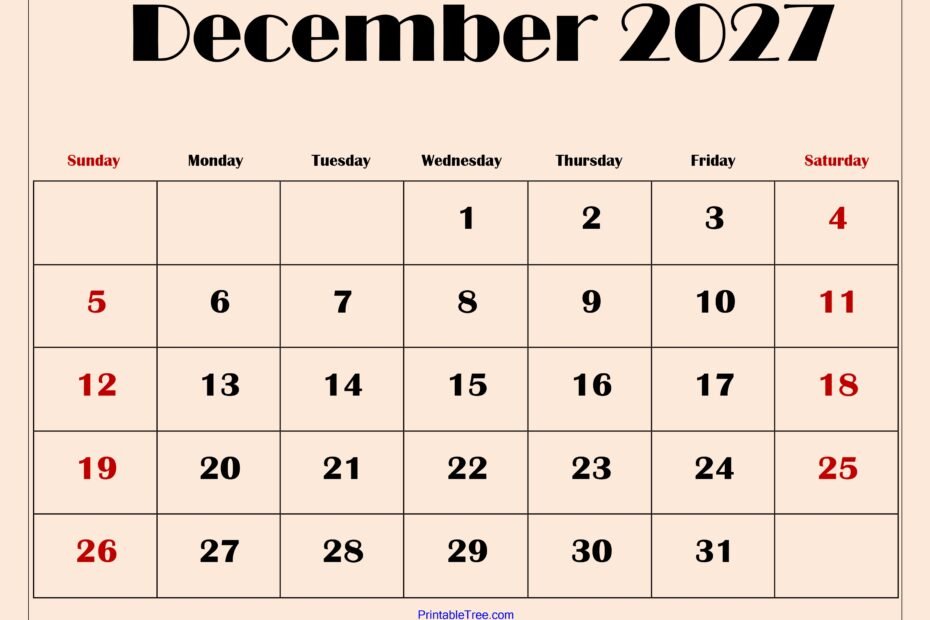 December 2027 Calendar with Light Pink
