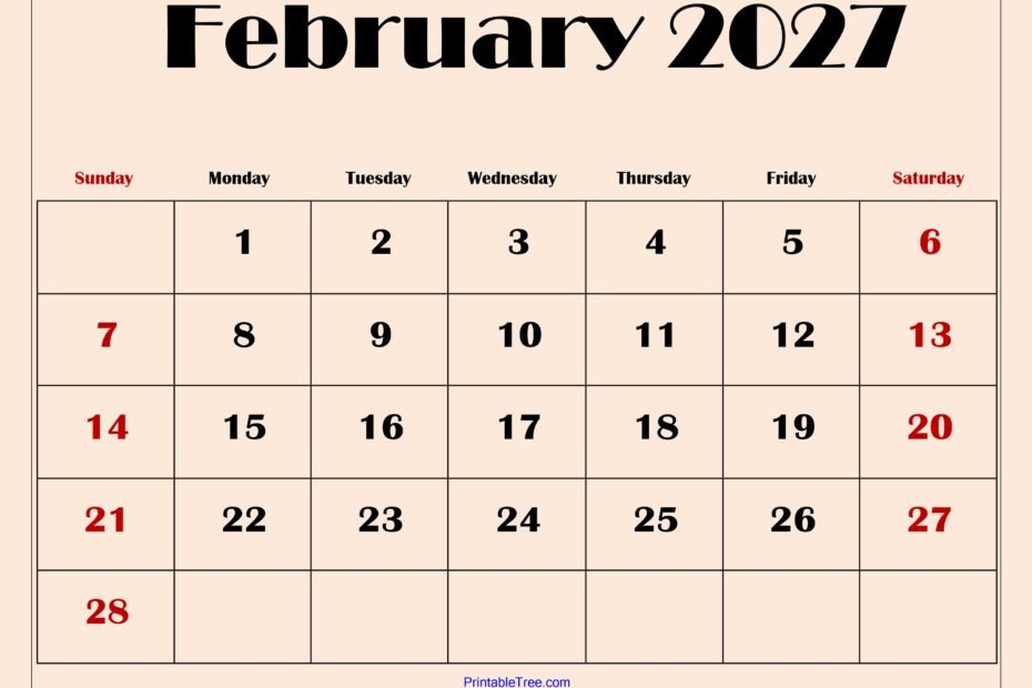 Counting the Days: What to Expect in February 2027 134 February 2027 Calendar with Light Pink 1