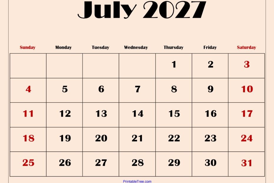 Quick Overview of the July 2027 Monthly Schedule 49 July 2027 Calendar with Light Pink