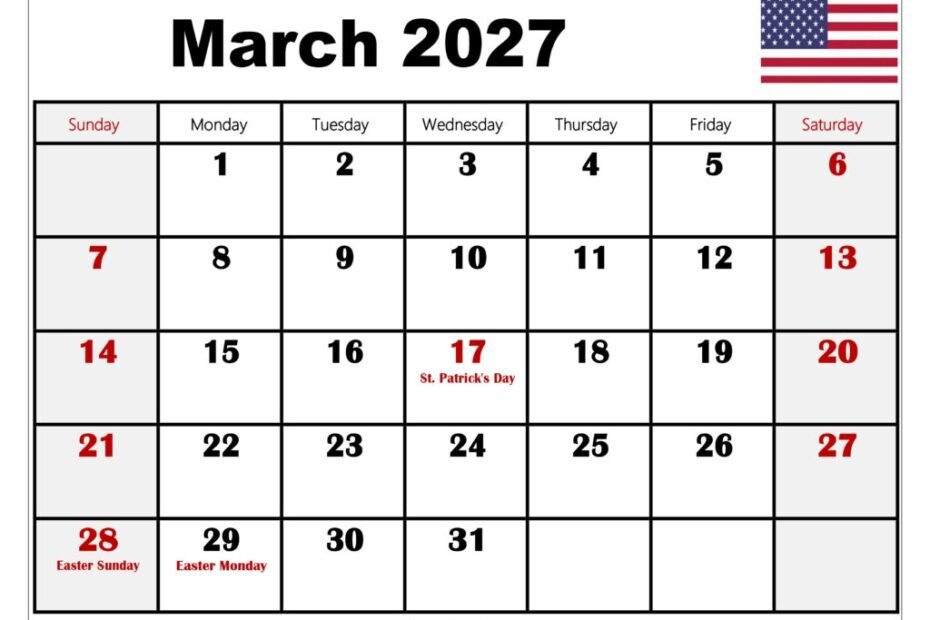 March 2027 Calendar with Holidays 1024x791 1