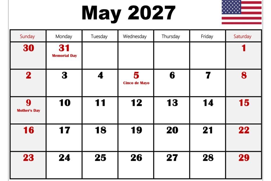 Complete List of Holidays and Important Dates in May 2027 124 May 2027 Calendar with Holidays scaled 1