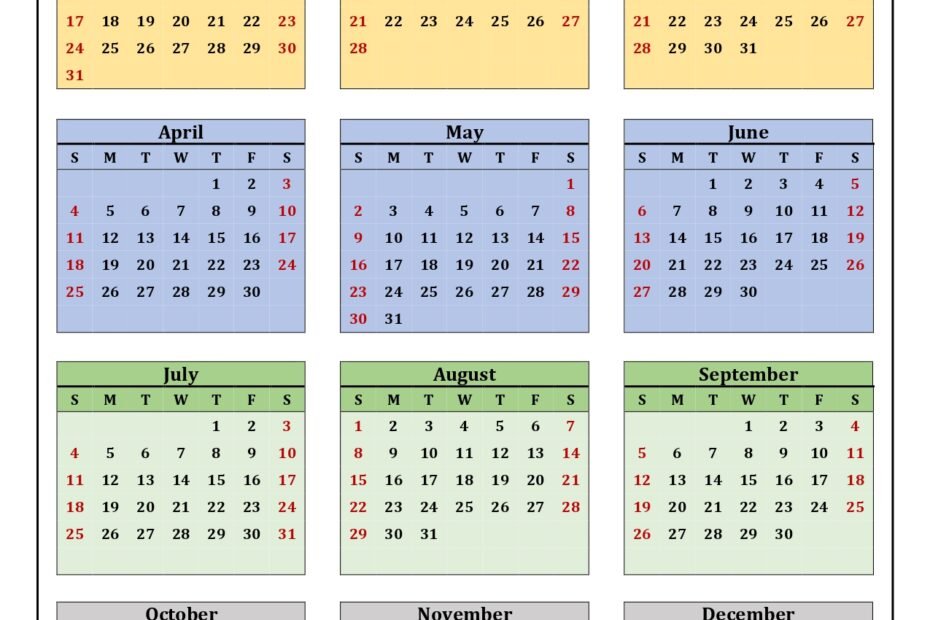 Yearly Calendar 2027 One Page Colored Portrait