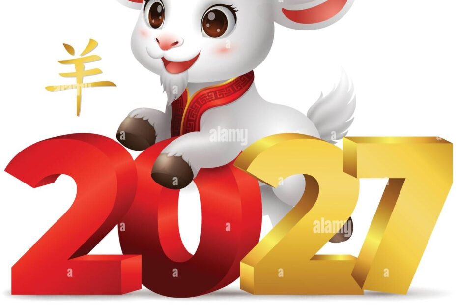 chinese new year 2027 sign with 3d cute goat and golden 2027 number translation goat 2XY3D35