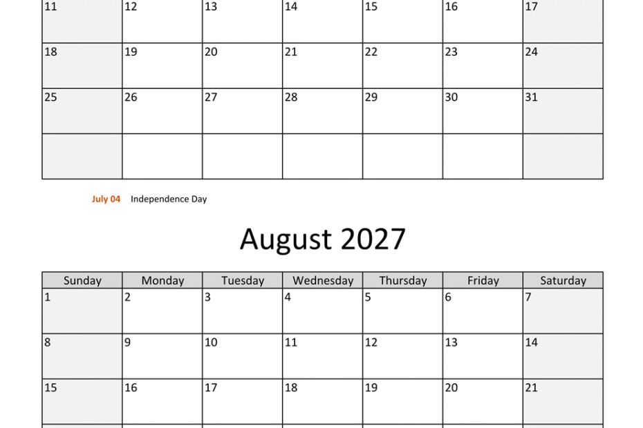 july august two months 2027 calendar vertical