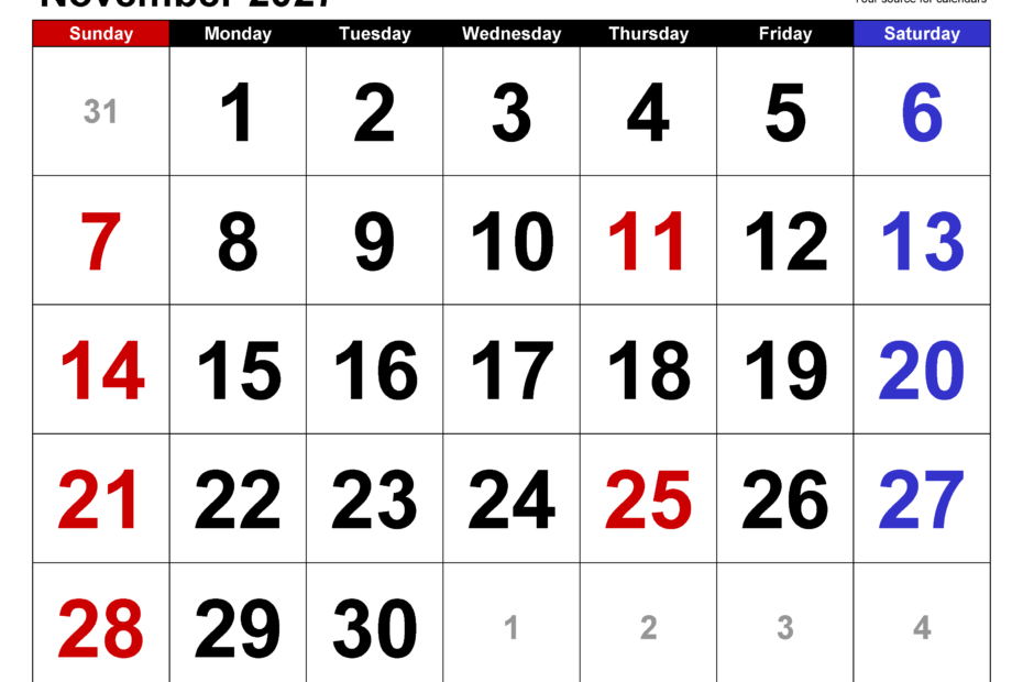 november 2027 calendar large numerals