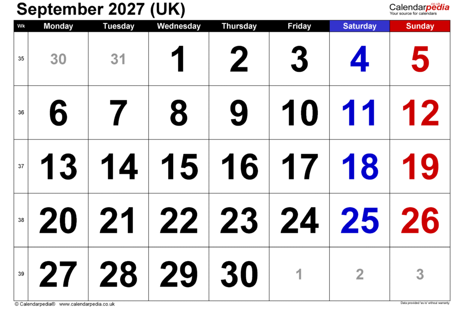 september 2027 calendar uk